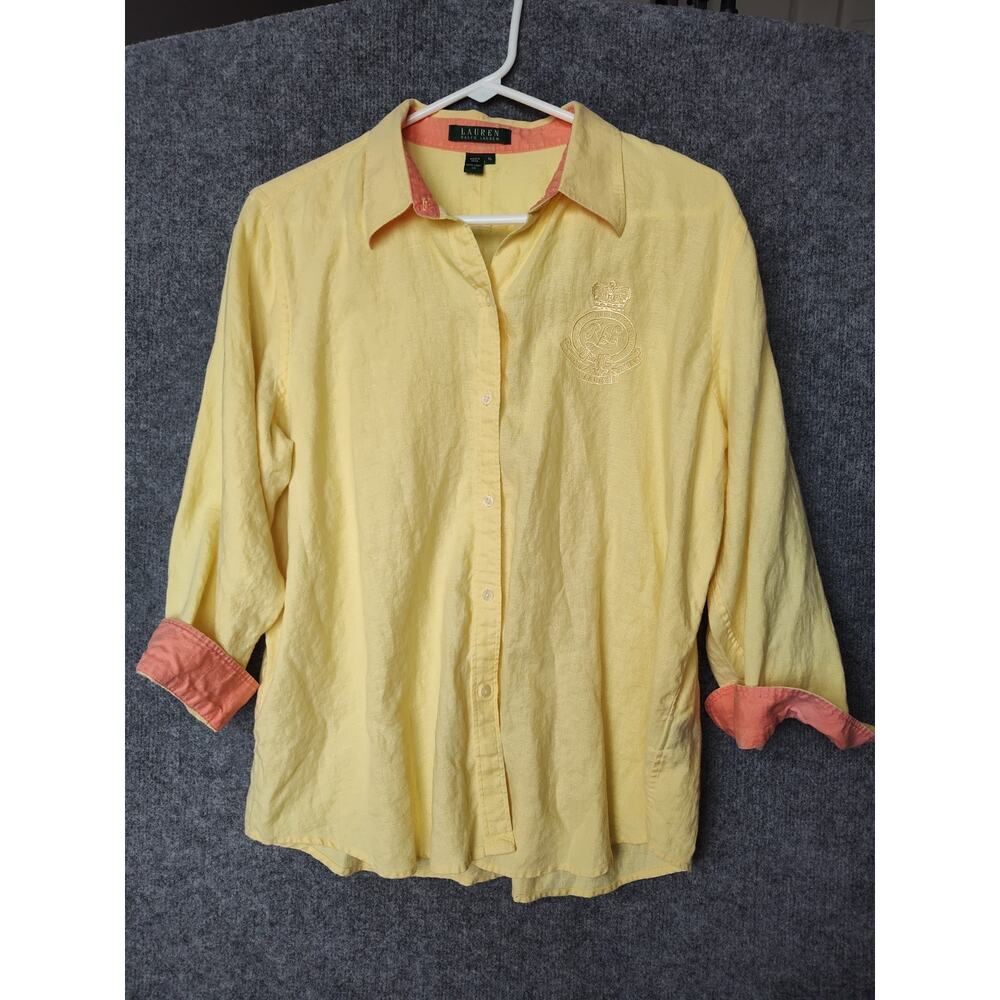 LRL Lauren Ralph Lauren Linen Embroidered Crest Button Down Shirt Yellow XL
